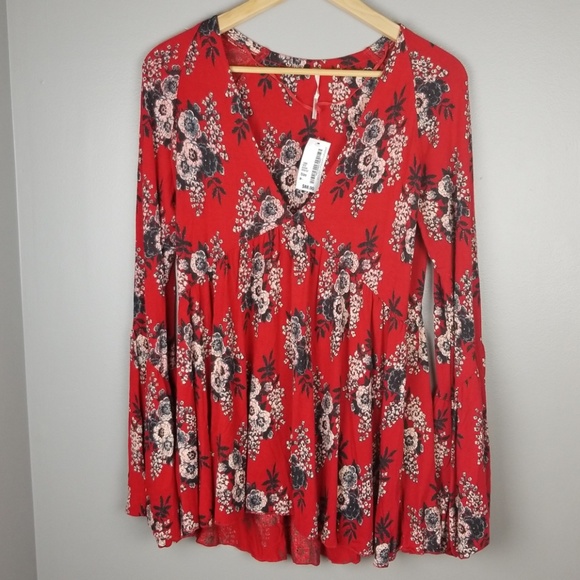 Free People Speak Easy Blouse Red Floral Top NWT - Picture 3 of 6